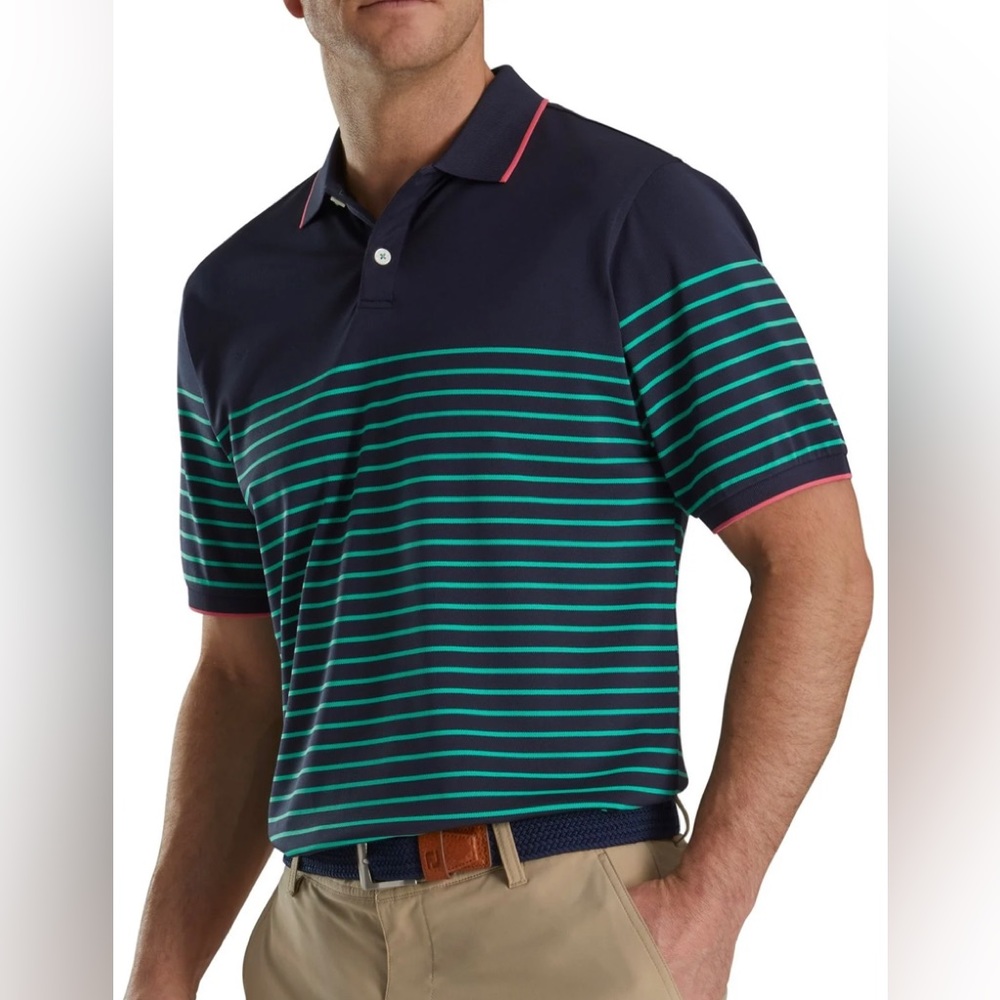 NWT FootJoy Breton Stripe Stretch Pique Golf Polo - Navy/Sea Green